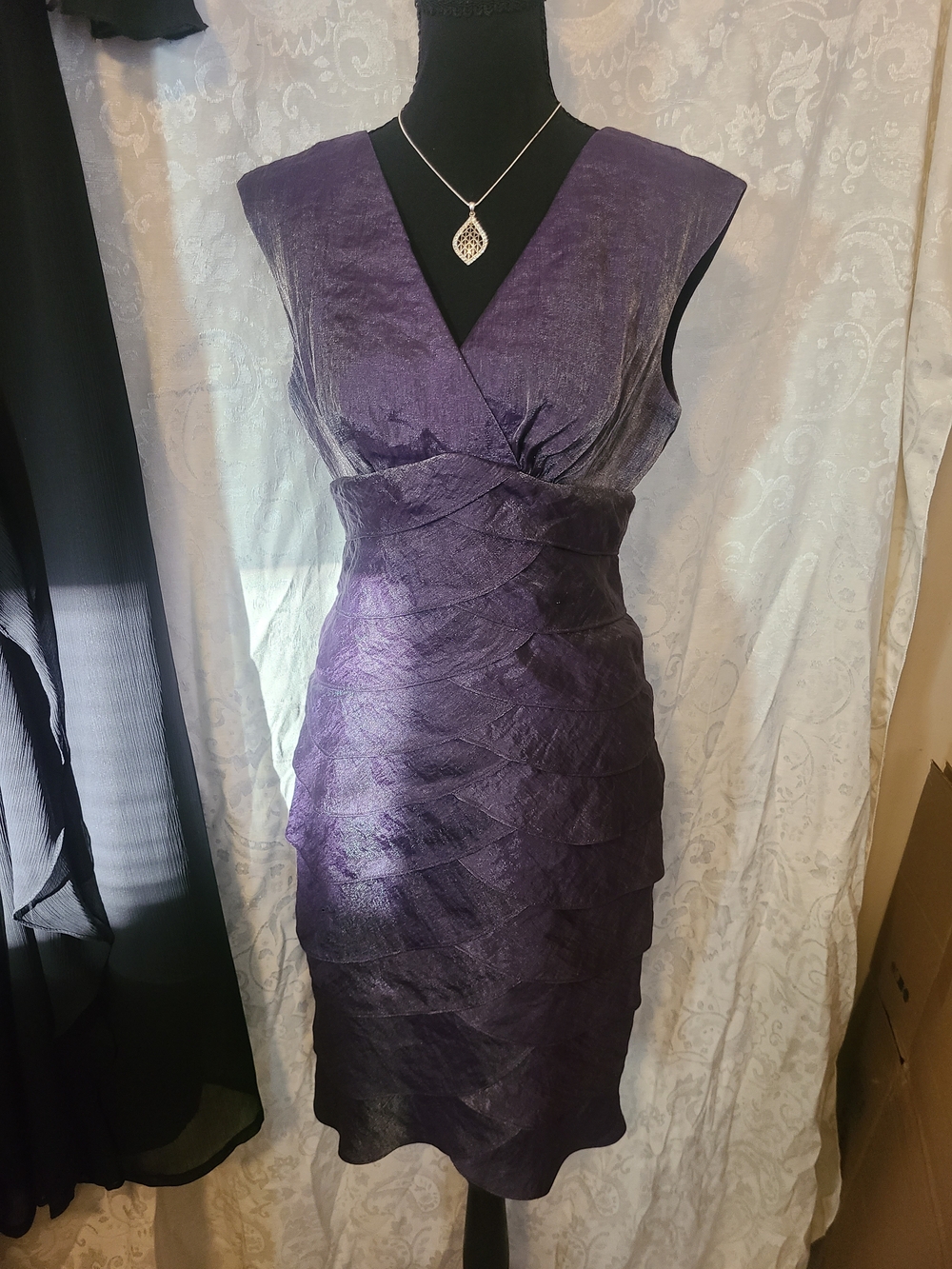 London Times Deep Purple V-Neck Layered Cocktail Dress
